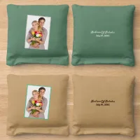 Wedding Couple Add Photo Special Date Green Gold Cornhole Bags