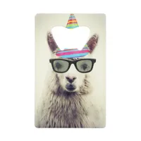 Alpaca in Glasses and Party Hat Credit Card Bottle Opener