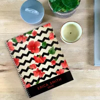 Red Hibiscus Flowers On Black And Beige Chevron Planner
