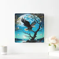 Eagle Perched on Tree Branch Under Full Moon Square Wall Clock