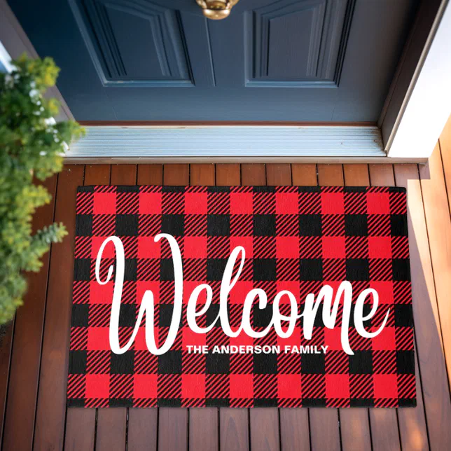 Personalized Welcome Family Home Modern Plaid Door Outdoor Rug