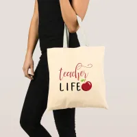 teacher life red apple typography teachers tote bag