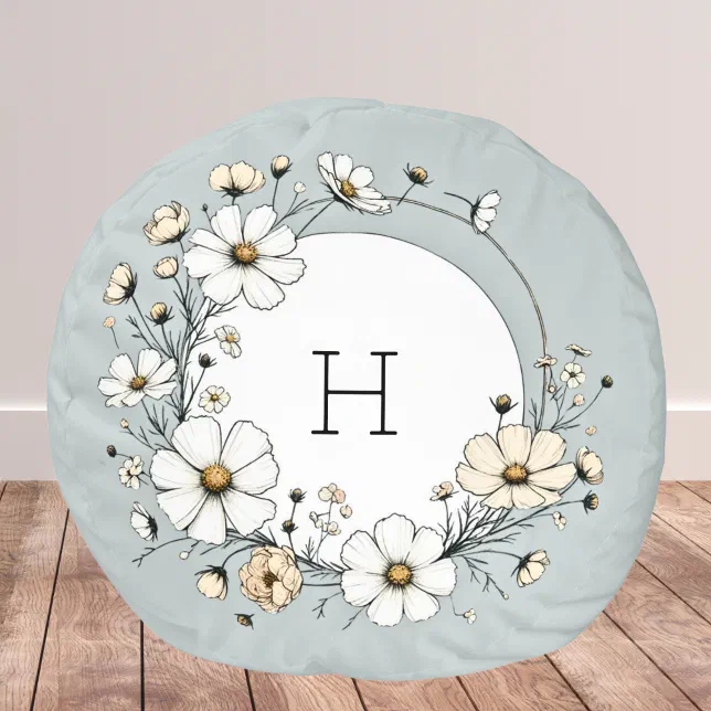 Sage Green Monogram Boho Flowers Personalized Pouf