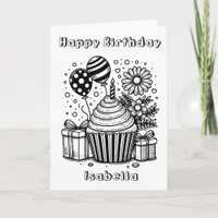 Color Me Page Cupcake and Flowers Girl's Birthday Card