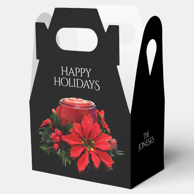 Festive Red Christmas Candle, Holly and Poinsettia Favor Boxes