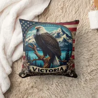 American Eagle Perched by Mountains in Victoria Throw Pillow