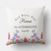 God Bless Our Home White Wildflower Family Name Throw Pillow