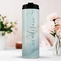 Elegant Blue Marble Chic Signature Script Name Thermal Tumbler