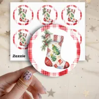  Watercolor Christmas Stocking with Plaid Classic Round Sticker