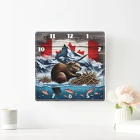 Snowy Mountain, Ocean, Canadian Beaver Square Wall Clock