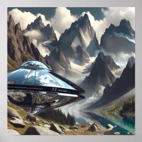 Shiny Metal UFO in the Mountains Poster