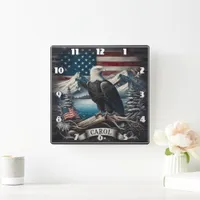 Eagle Perched on Branch With Mountains and Flag Square Wall Clock