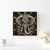 An ornate elephant adorned with intricate patterns square wall clock