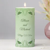 Green butterfly on light green - wedding  pillar candle