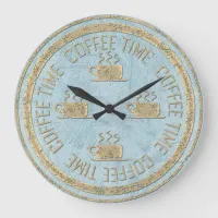 Coffee Time Gold on Pastel Blue Large Clock