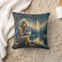 Native American Woman With Wolf by Tranquil River Throw Pillow