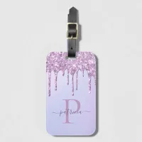 Glam Purple Glitter Drips Elegant Monogram  Luggage Tag