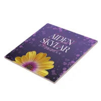 Elegant Golden Daisy with Purple Glitter Wedding Ceramic Tile