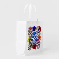Sugar Skulls Colorful Roses Cinco All Souls Reuse Grocery Bag