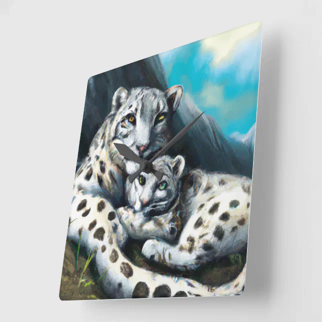 Mother Snow Leopard and Cub in the Mountains Square Wall Clock