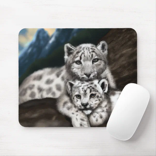 Mother Snow Leopard and Cub in the Mountains Mouse Pad
