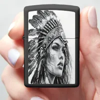 A fierce Indian warrior girl adorned with feathers Zippo Lighter