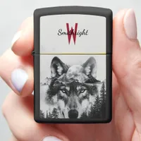 Majestic wolf gazing under a luminous full moon zippo lighter