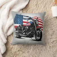 Motorcycle with American flag backdrop Throw Pillow