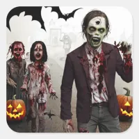 Spooky Zombies, Pumpkin and Bats Vintage Halloween Square Sticker