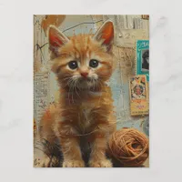 Ginger Kitten Yarn Collage Mixed Media Postcard