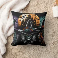 Witches gather at a haunted castle for Halloween Throw Pillow