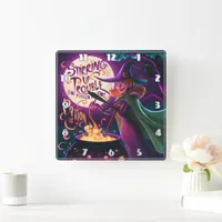 A witch brews potions under the full moon square wall clock