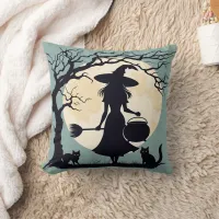 Witch brewing potions under the full moonlight throw pillow