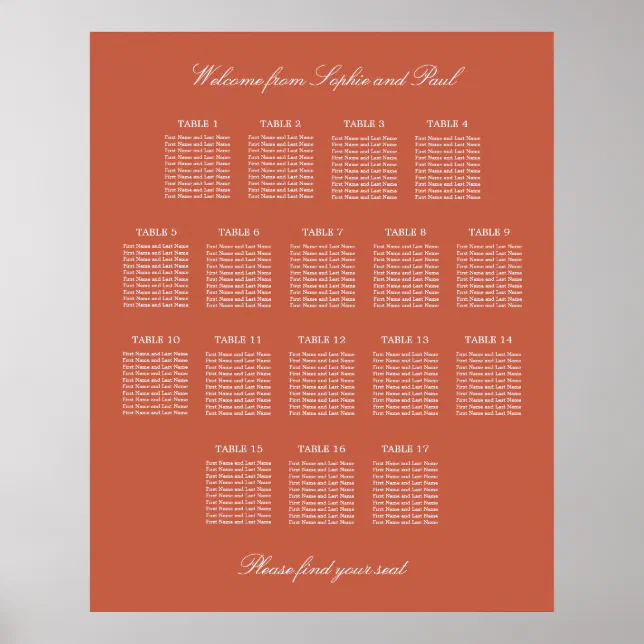 Terracotta 17 Table Wedding Seating Chart Poster