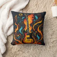 Vibrant guitar engulfed in flames and swirls throw pillow