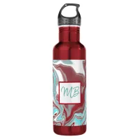 Monogrammed Teal, Burgundy, Red and White Marble   Stainless Steel Water Bottle