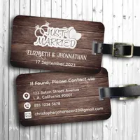 Rustic Wood Just Married White Typography Couple Luggage Tag