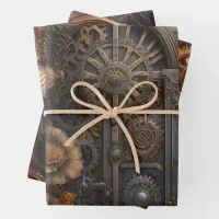 Steampunk Theme Metal Gears and Flowers Birthday Wrapping Paper Sheets