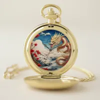 Fire breathing dragon red blue and gold scales pocket watch