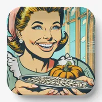 Retro Mom holding Plate of Halloween Pumpkin Seeds