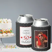 50 & Fabulous Birthday Photo 50th Party BLK White Can Cooler