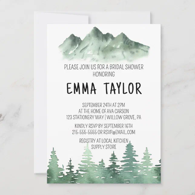 Rustic Mountain Watercolor Forest Tree Bridal  Invitation