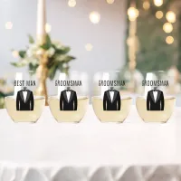 Groom's Team Name Black Tuxedo Wedding Date Stemless Wine Glass