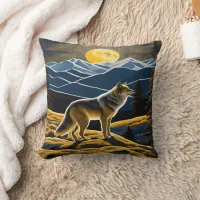 Wolf Silhouetted Under a Full Moon in Mountains Throw Pillow