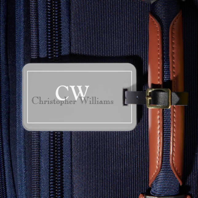 Grey Minimalist Name Monogram Luggage Tag