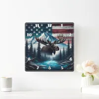 Majestic Moose Overlooking American Landscape Square Wall Clock