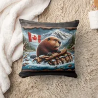 Beaver Builds Lodge by Mountain Stream Throw Pillow