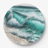 Turquoise Ocean Waves Personalized Wedding Paper Plates