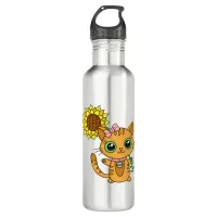 Cute Orange Kawaii Cat with Sunflower Stainless Steel Water Bottle