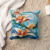 Lily Flowers on Blue Floral Background Throw Pillow